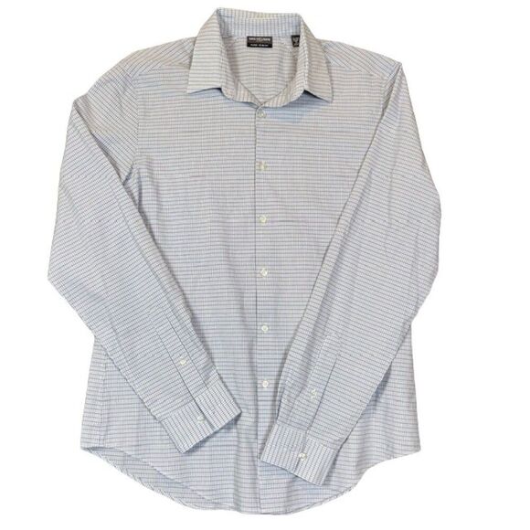 Van Heusen Flex 3 Slim Fit Dress Shirt Black Blue Rectangle Plaid Stretch Medium - Picture 1 of 12